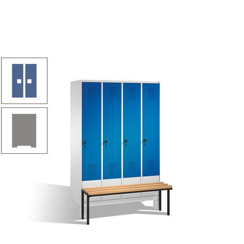 Stahl-Garderobenschrank, Spind, Buche Sitzbank vorgebaut, 4 Abteile a 300 mm, Korpus Lichtgrün, Tür Schwefelgelb, 1.850 x 1.200 x 815 mm (HxBxT)