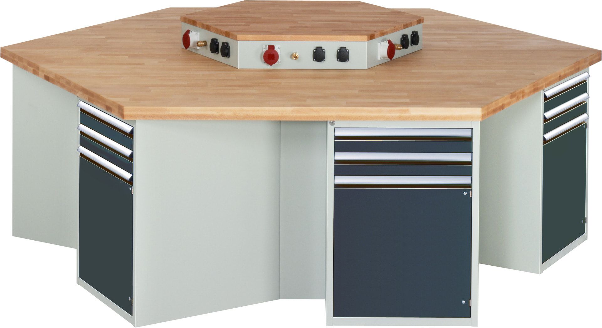 Gruppenwerkbank, Buche, Höhe 840 mm, mit Energieaufsatz, Unterbau-Container, 2 Schubladen, 1 Tür, 1 Boden - Anthrazitgrau
