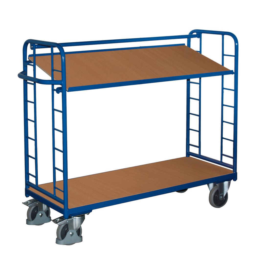 Etagenwagen mit 2 Holzböden - Traglast 250 kg - 1.235 x 1.510 x 550 mm (HxBxT) - enzianblau