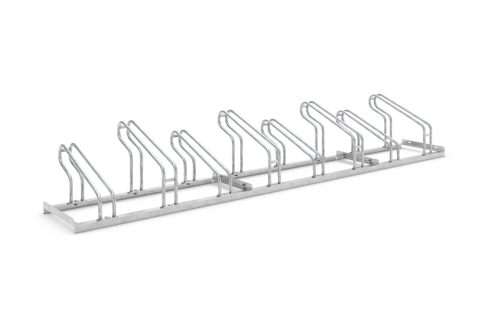 Fahrrad-Bügelparker für gängige Räder, Rundrohrbügel, Silber, Stahl, 8 Stellplätze, höhenversetzt, Reihenverbindung, 415 x 2.900 x 538 mm (HxBxT)