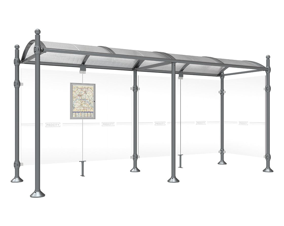 Buswartehalle, Unterstand, 2 Seitenwände, Kopf gebürsteter Edelstahl, ESG, Fahrplanschaukasten, 2.500 x 2.500 x 1.600 mm (HxBxT), Farbe enzianblau