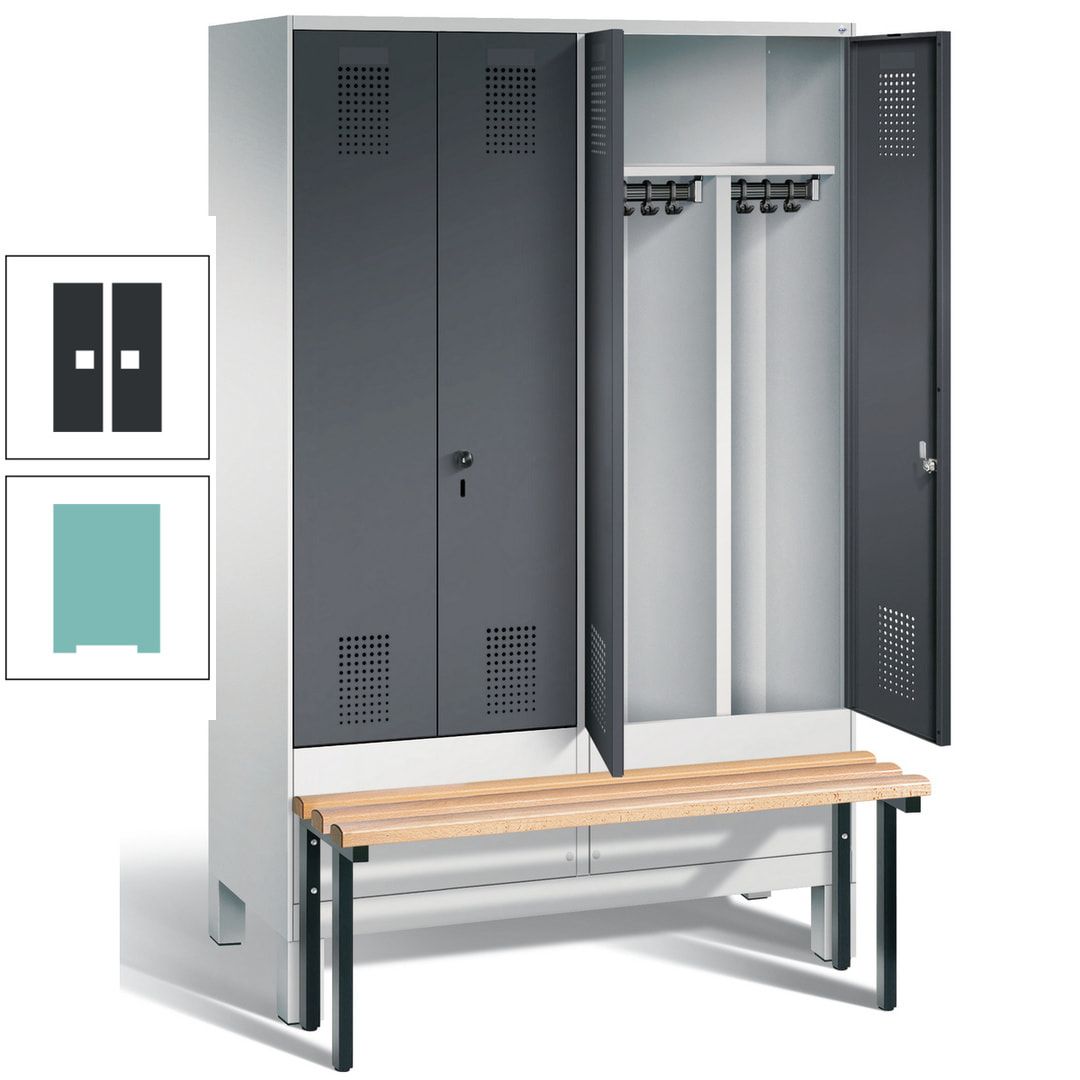 Doppel-Spind, Garderobenschrank, Buche Sitzbank vorgebaut, 4 Abteile a 300 mm, Korpus feuerrot, Tür Wasserblau, 1.850 x 1.200 x 815 mm (HxBxT)