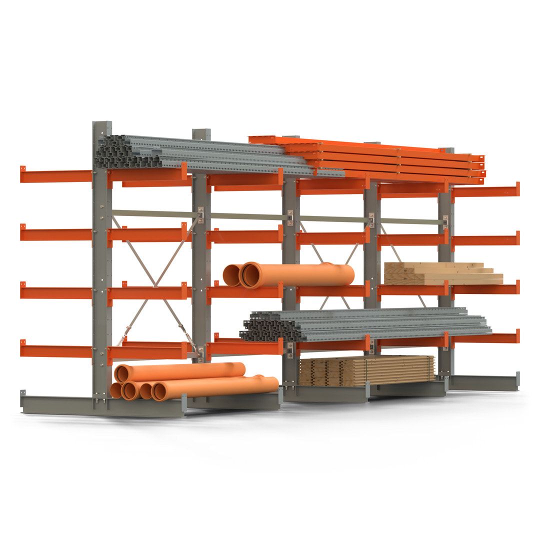 Doppelseitiges Kragarmregal, 2 Felder, 2.000 x 2.560 x 1.120 mm (HxBxT), Nutztiefe 500 mm, Kragarmlast 870 kg, KARL basic, silbergrau/reinorange