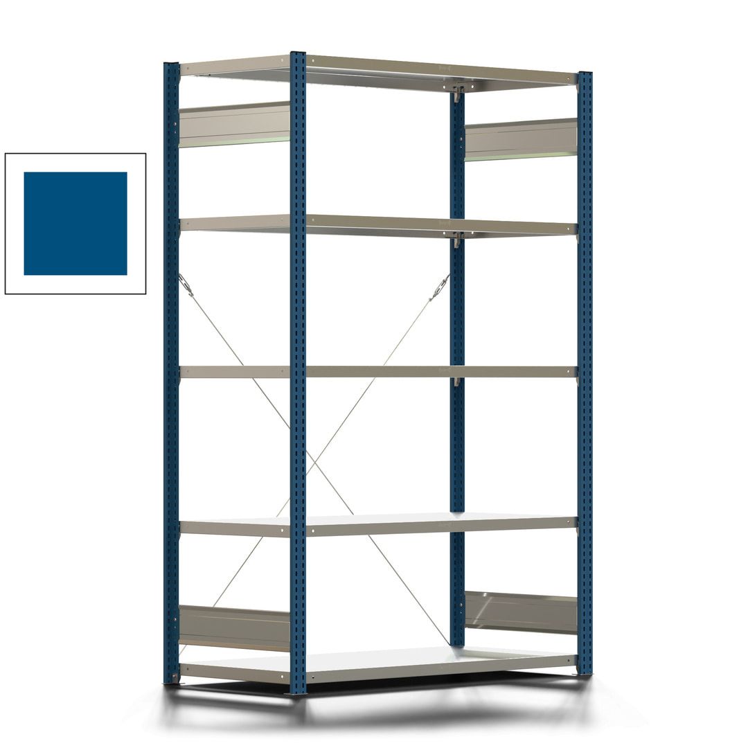 Fachbodenregal mit Tiefenriegel - 150 kg - 2.000 x 1.285 x 600 mm (HxBxT) - Anbauregal - Rahmen enzianblau - Böden verzinkt - BERT