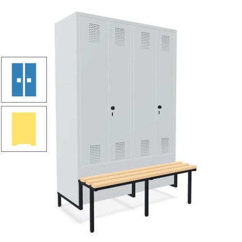 Doppel-Spind, Garderobenschrank, Buche Sitzbank integriert, 4 Abteile 300 mm, Korpus anthrazitgrau, Tür anthrazitgrau, 1.850 x 1.200 x 815 mm (HxBxT)