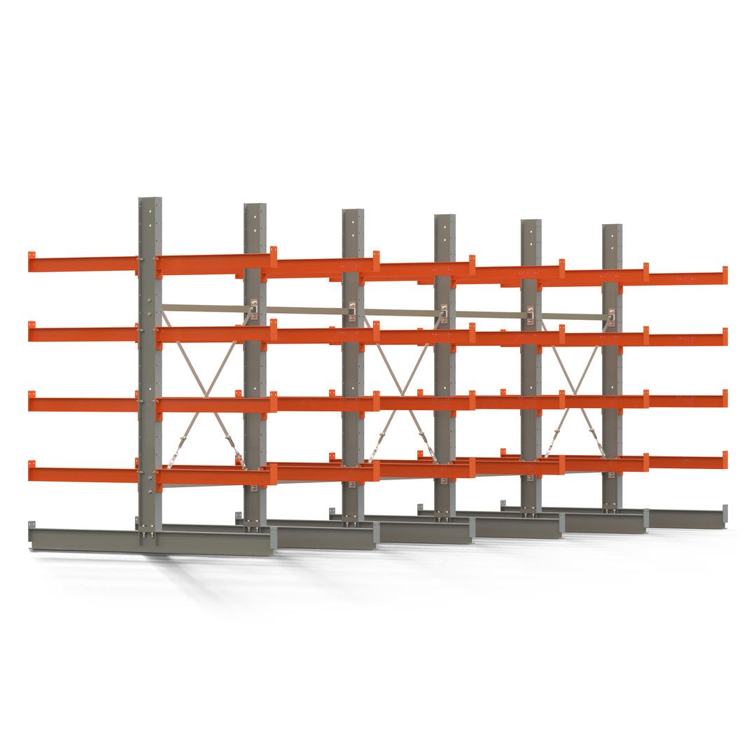 Doppelseitiges Kragarmregal, 2 Felder, 2.000 x 2.000 x 1.120 mm (HxBxT), Nutztiefe 500 mm, Kragarmlast 870 kg, KARL basic, silbergrau/reinorange