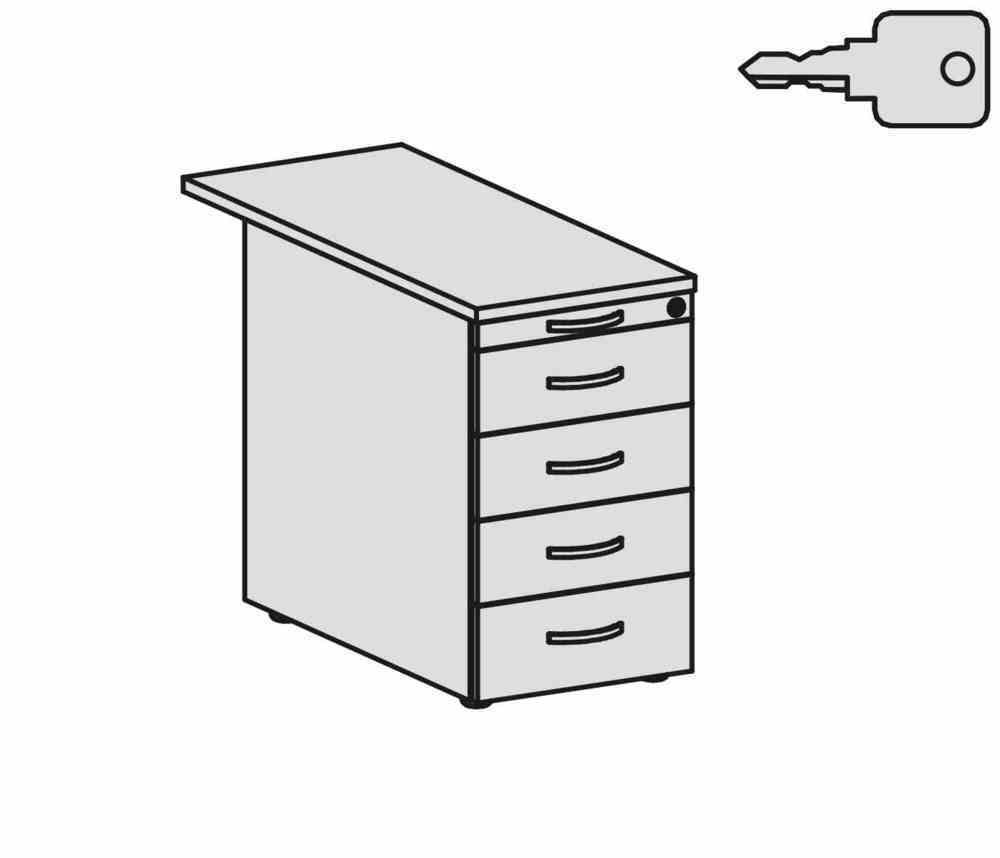 Standcontainer, 4 Schubladen, Ordnungsfach, Zentralverschluss, 720 x 438 x 800 (1.000) mm (HxBxT), Front Ahorn, Oberboden Ahorn, Korpus Ahorn