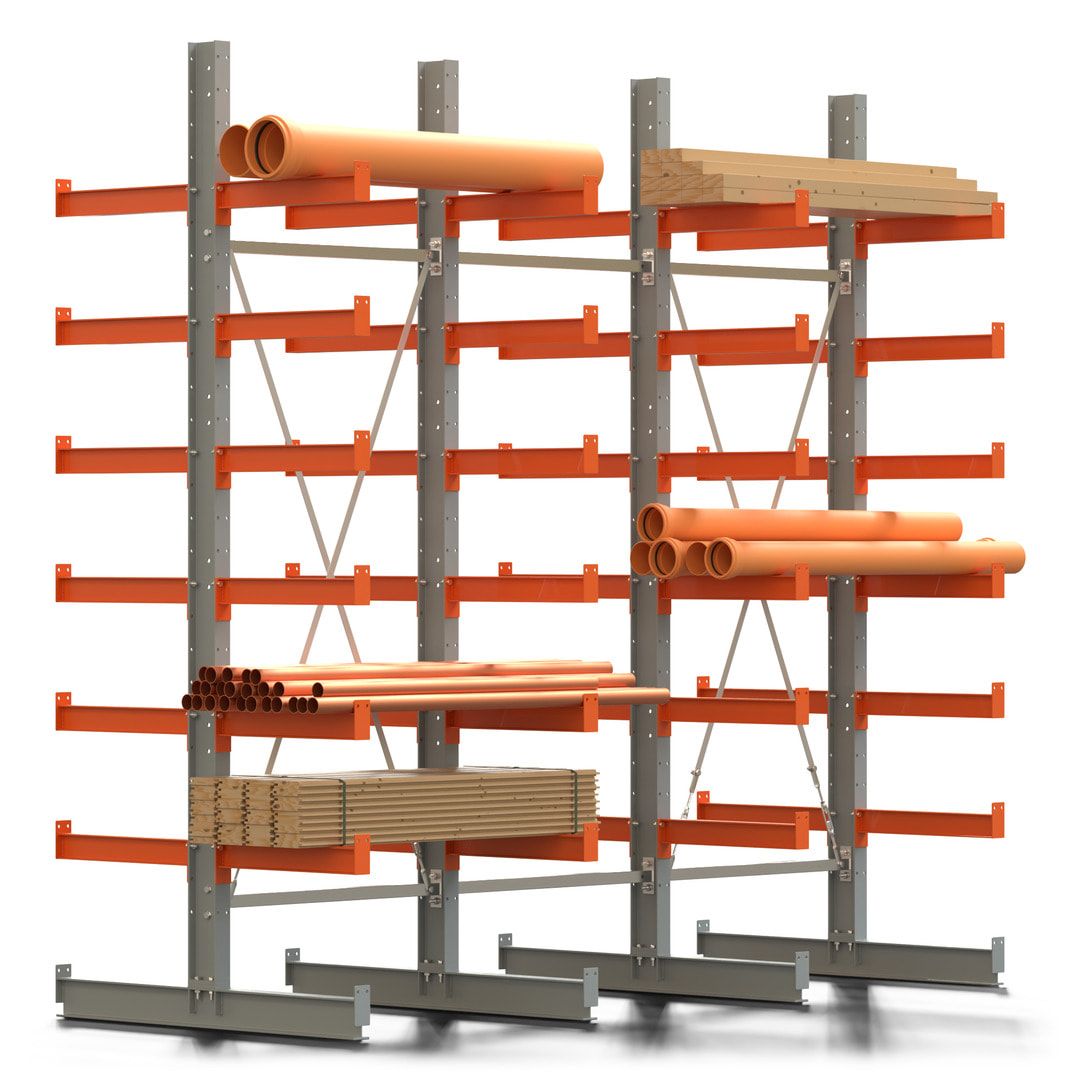 Doppelseitiges Kragarmregal, 2 Felder, 3.000 x 2.000 x 1.120 mm (HxBxT), Nutztiefe 500 mm, Kragarmlast 870 kg, KARL basic, silbergrau/reinorange