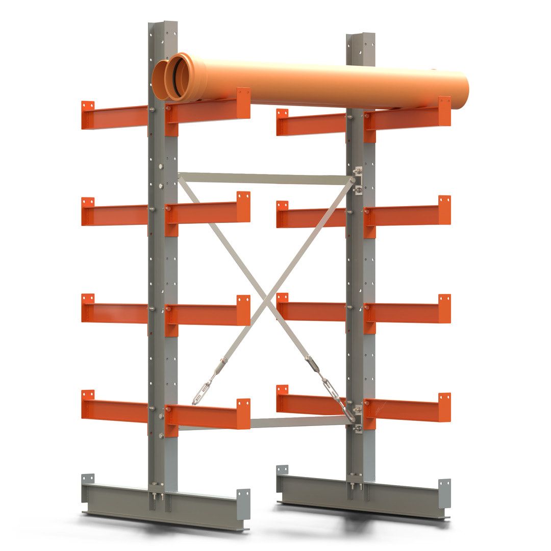Doppelseitiges Kragarmregal, Anbauregal, 2.000 x 1.000 x 1.120 mm (HxBxT), Nutztiefe 500 mm, Kragarmlast 870 kg, KARL basic, silbergrau/reinorange