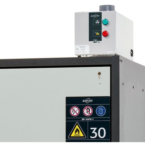 Entlüftungsaufsatz für Asecos Sicherheitsschränke, 230 V, 45 W, 35 dB, 30 Hz, geräuscharm, 200 x 400 x 200 mm (HxBxT)