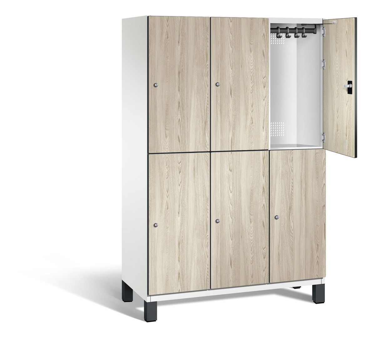 Fächerschrank, Garderobenschrank, mit Füßen, 3 Abteile, 1.980 x 1.200 x 525 mm (HxBxT), Korpus anthrazitgrau, Tür Donau-Ahorn