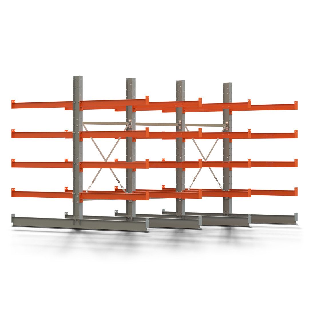 Doppelseitiges Kragarmregal, 2 Felder, 2.000 x 2.000 x 1.120 mm (HxBxT), Nutztiefe 500 mm, Kragarmlast 870 kg, KARL basic, silbergrau/reinorange
