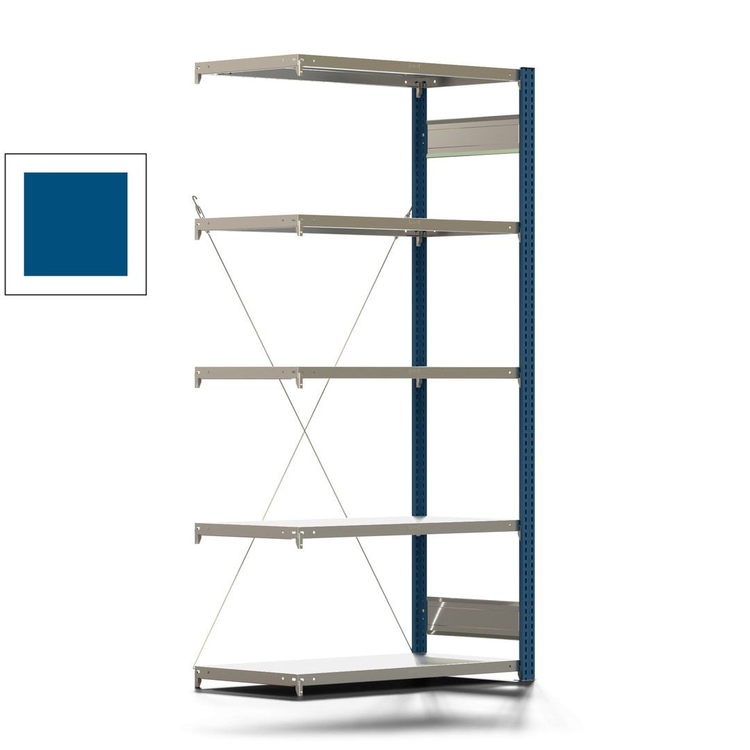 Fachbodenregal mit Tiefenriegel - 350 kg - 2.000 x 1.005 x 526 mm (HxBxT) - Anbauregal - 5 Böden - enzianblau - Lagerregal - Steckregal BERT
