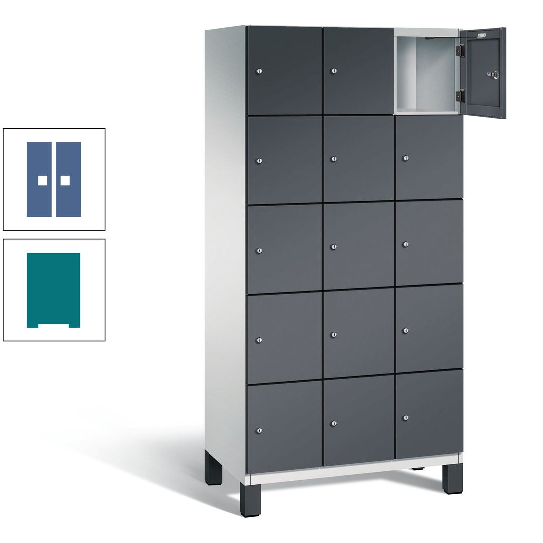 Fächerschrank, Stahlschrank, 15 Fächer, Türöffnungsbegrenzer, Füße, 1.980 x 900 x 525 mm (HxBxT), Korpus anthrazitgrau, Front anthrazitgrau