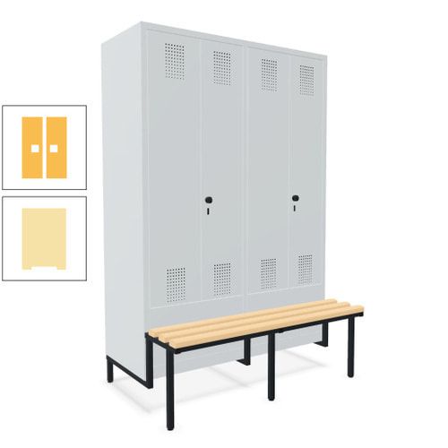 Doppel-Spind, Garderobenschrank, Buche Sitzbank integriert, 4 Abteile 300 mm, Korpus anthrazitgrau, Tür anthrazitgrau, 1.850 x 1.200 x 815 mm (HxBxT)