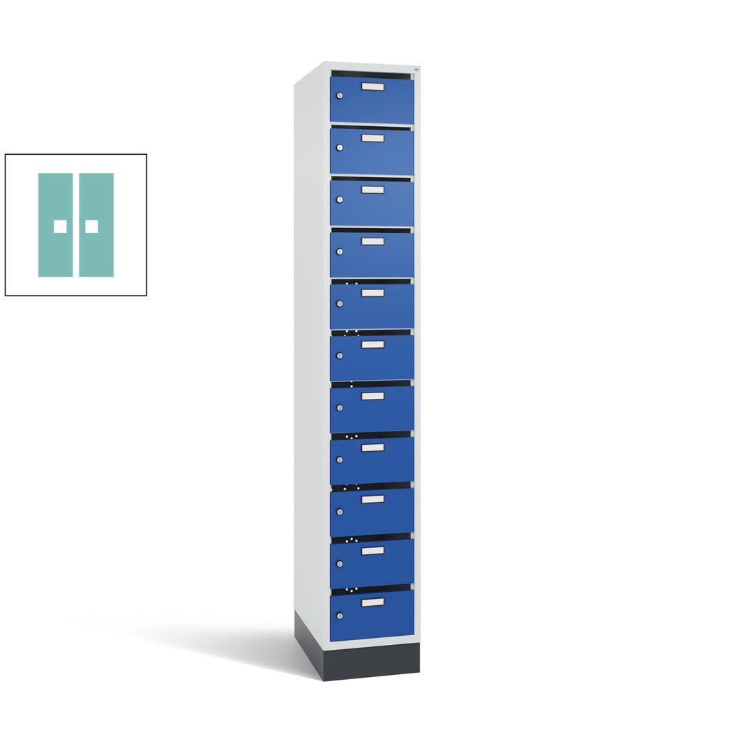 Postverteilerschrank, Schließfachschrank, mit Sockel, 11 Fächer, 1.950 x 320 x 500 mm (HxBxT), Korpus lichtgrau, Tür anthrazitgrau