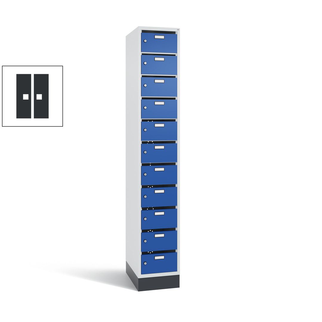 Postverteilerschrank, Schließfachschrank, mit Sockel, 11 Fächer, 1.950 x 320 x 500 mm (HxBxT), Korpus lichtgrau, Tür anthrazitgrau