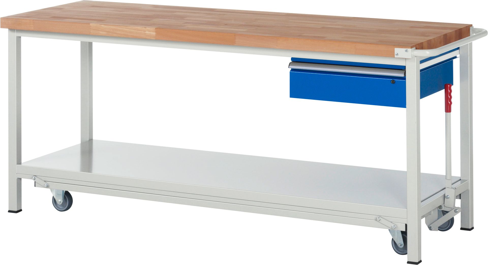Mobile absenkbare Werkbank mit 1 Schublade - 150:1 - 880 x 2.000 x 700 mm (HxBxT) - Traglast 1.250 kg - Buche - Anthrazitgrau