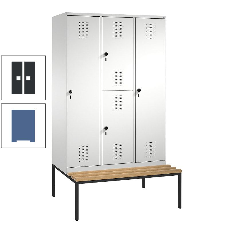 Garderobenschrank, Spind ein- und doppelstöckig Sitzbank, 3 Abteile, 4 Fächer, 2.090x1.200x500 mm (HxBxT), Front anthrazitgrau, Korpus anthrazitgrau