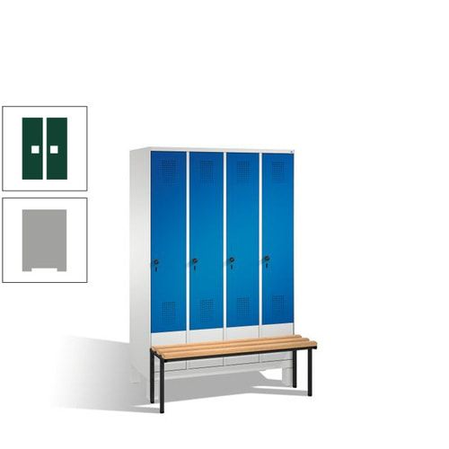Stahl-Garderobenschrank, Spind, Buche Sitzbank vorgebaut, 4 Abteile a 300 mm, Korpus Lichtgrün, Tür Schwefelgelb, 1.850 x 1.200 x 815 mm (HxBxT)