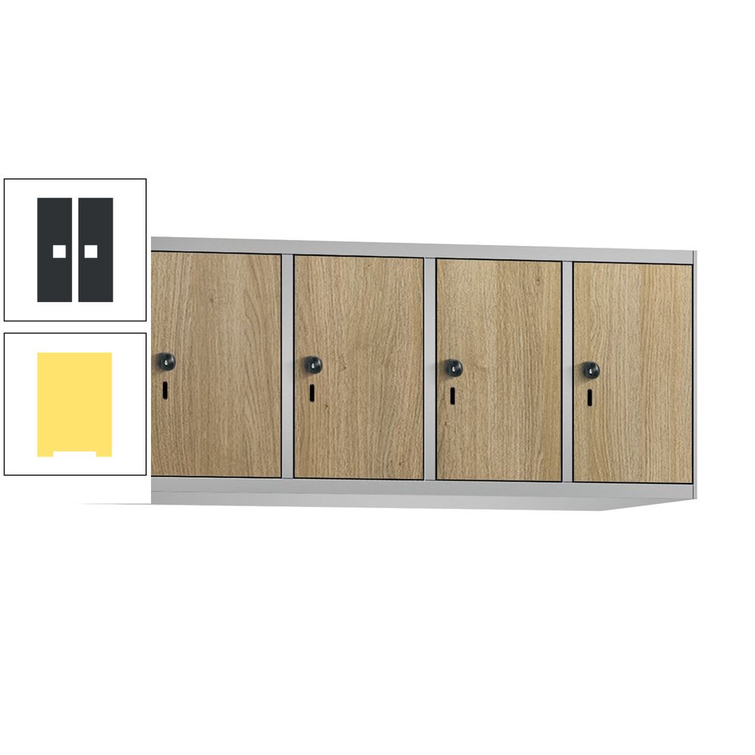 Aufsatzschrank, Schrankaufsatz, 4 Fächer a 300 mm, Farbe Pastellgelb, Tür anthrazitgrau, 500 x 1.200 x 500 mm (HxBxT)