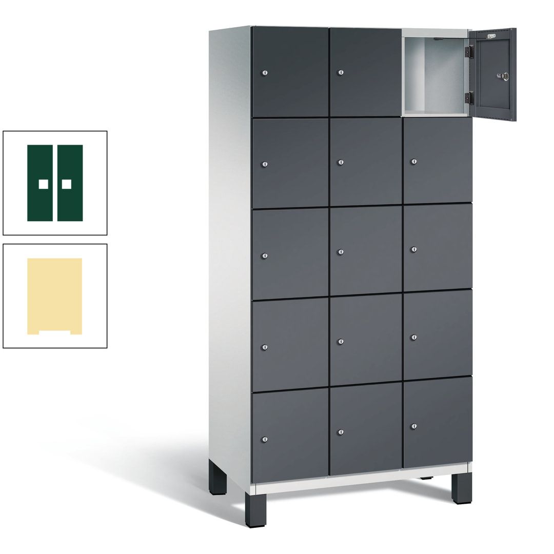 Fächerschrank, Stahlschrank, 15 Fächer, Türöffnungsbegrenzer, Füße, 1.980 x 900 x 525 mm (HxBxT), Korpus anthrazitgrau, Front anthrazitgrau