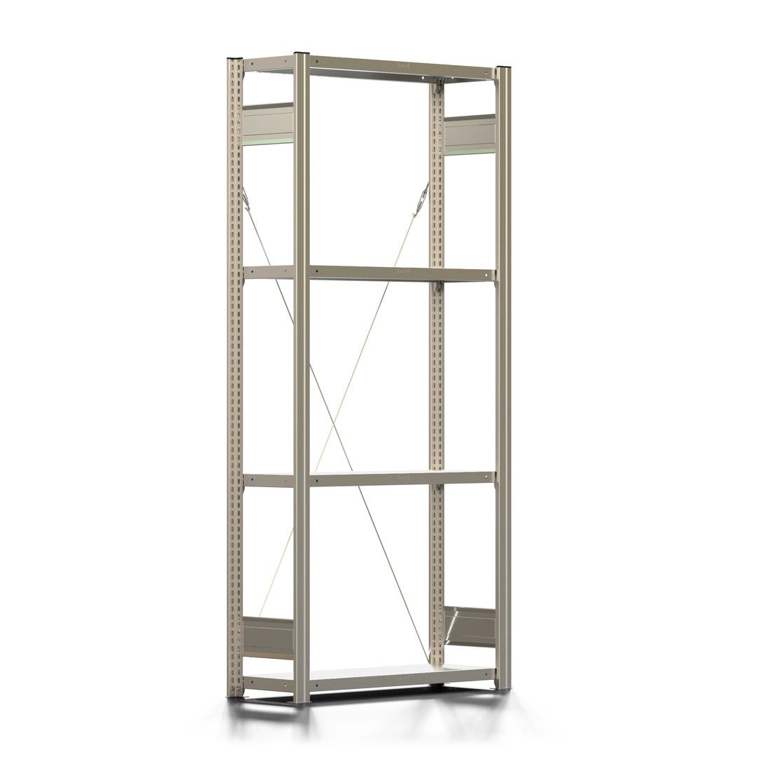 Fachbodenregal mit Tiefenriegel - 150 kg - 2.000 x 875 x 300 mm (HxBxT) - verzinkt 4 Böden - Anbauregal, Steckregal, Lagerregal, BERT