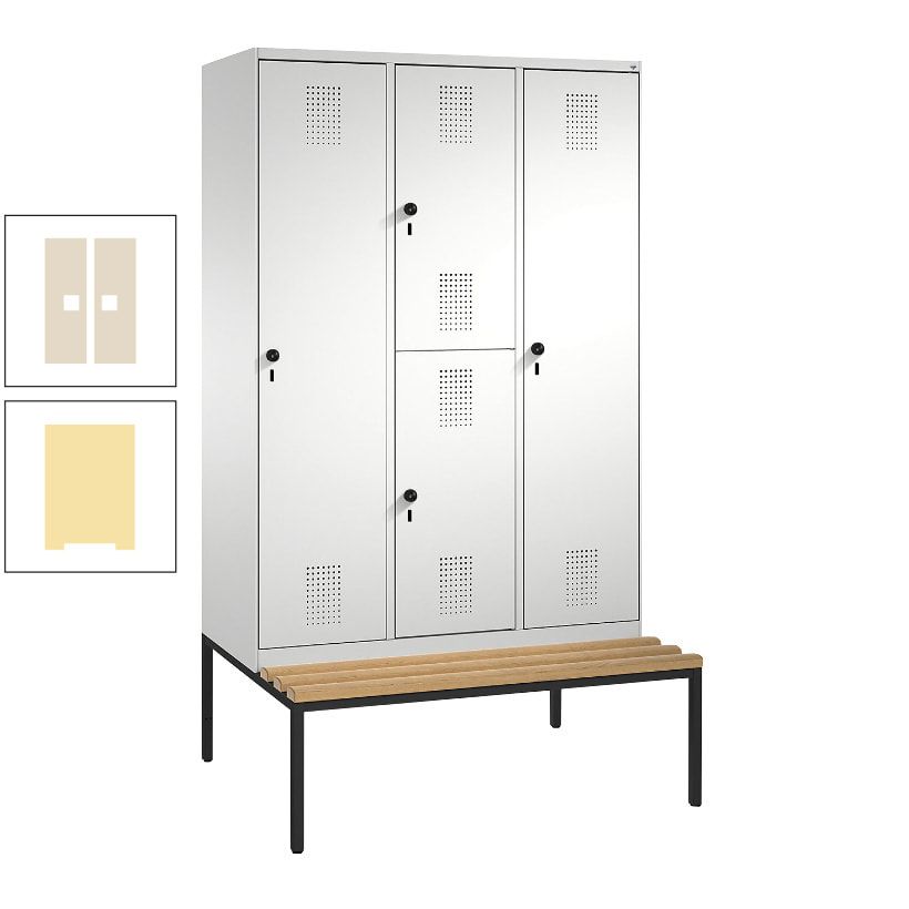 Garderobenschrank, Spind ein- und doppelstöckig Sitzbank, 3 Abteile, 4 Fächer, 2.090x1.200x500 mm (HxBxT), Front anthrazitgrau, Korpus anthrazitgrau