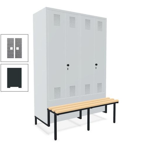 Doppel-Spind, Garderobenschrank, Buche Sitzbank integriert, 4 Abteile 300 mm, Korpus anthrazitgrau, Tür anthrazitgrau, 1.850 x 1.200 x 815 mm (HxBxT)