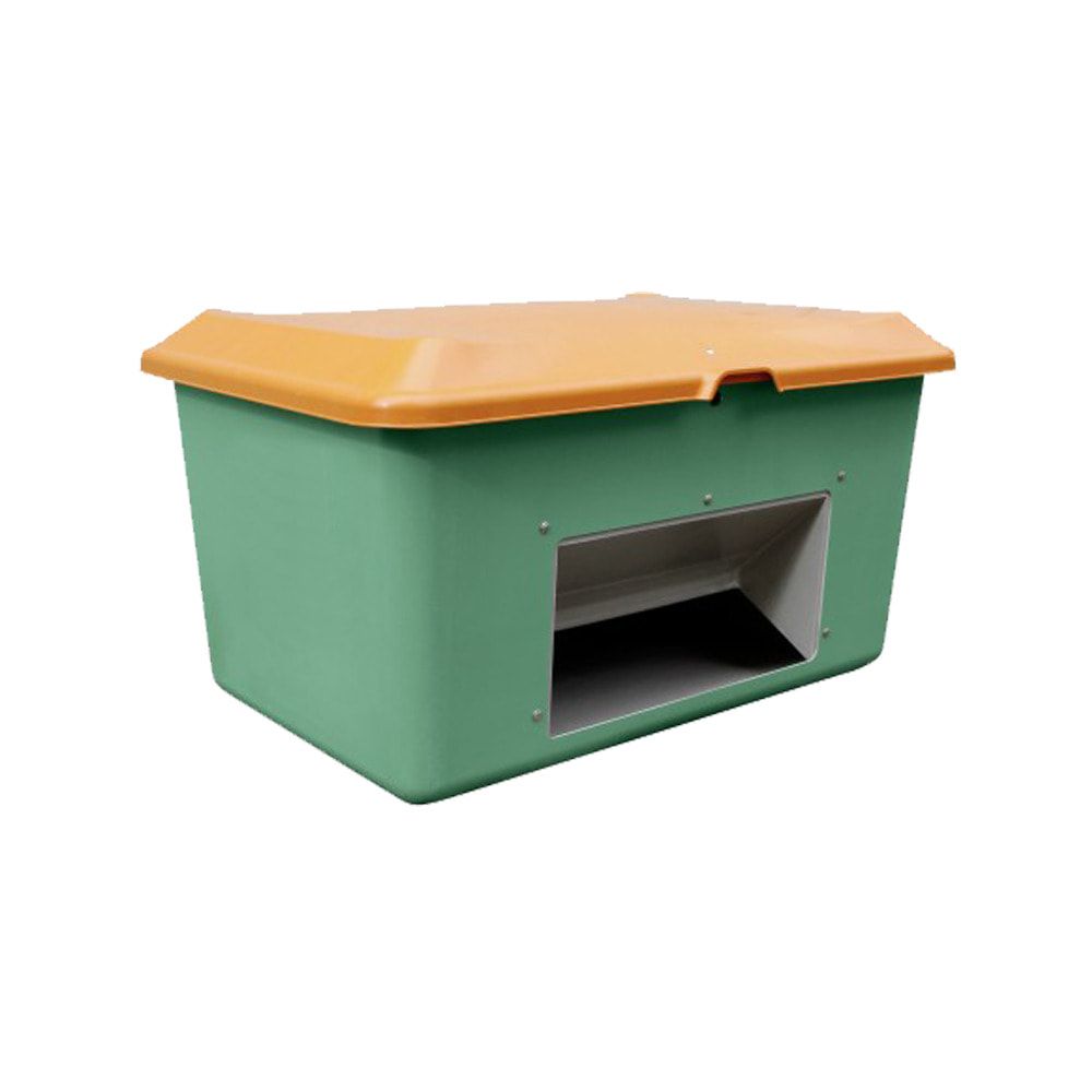 Streugutbehälter für Streusalz, Winterstreumittel, Futtermittel, mit Entnahmeöffnung, 400 l Volumen, 670 x 1.210 x 820 mm (HxBxT), grau/orange GFK