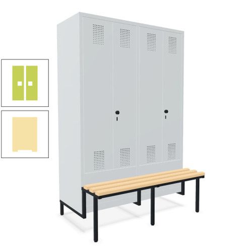 Doppel-Spind, Garderobenschrank, Buche Sitzbank integriert, 4 Abteile 300 mm, Korpus anthrazitgrau, Tür anthrazitgrau, 1.850 x 1.200 x 815 mm (HxBxT)