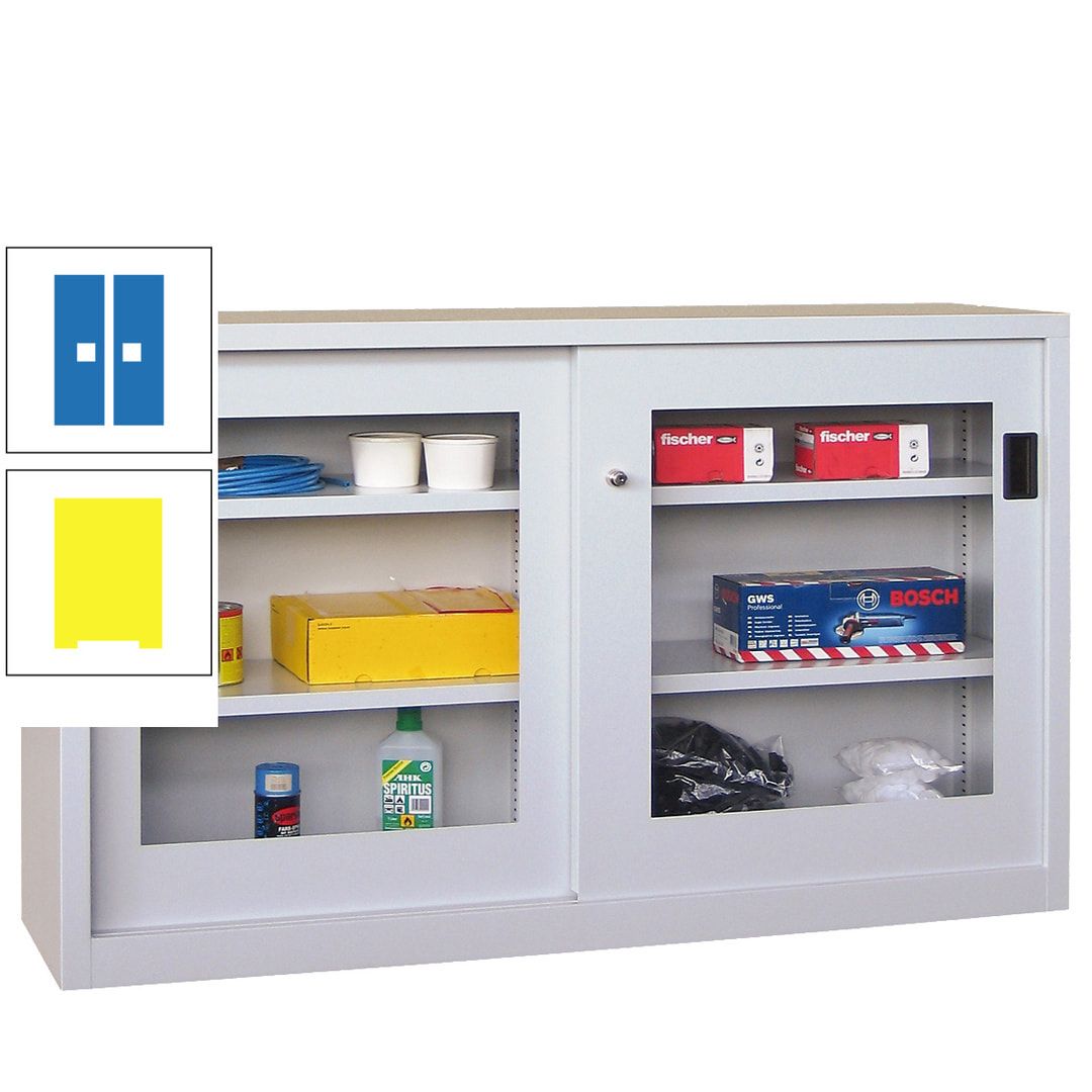 Schiebetürenschrank - Sichtfenstertüren - 1.000x1.500x600 mm (HxBxT) - 4 Böden, verzinkt - Zylinderschloss - anthrazitgrau