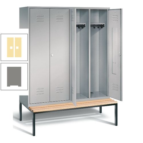 Doppel-Spindschrank, Buche Sitzbank untergebaut, 4 Abteile a 400 mm, Korpus lichtgrau, Tür anthrazitgrau, 2.090 x 1.590 x 815 mm (HxBxT)