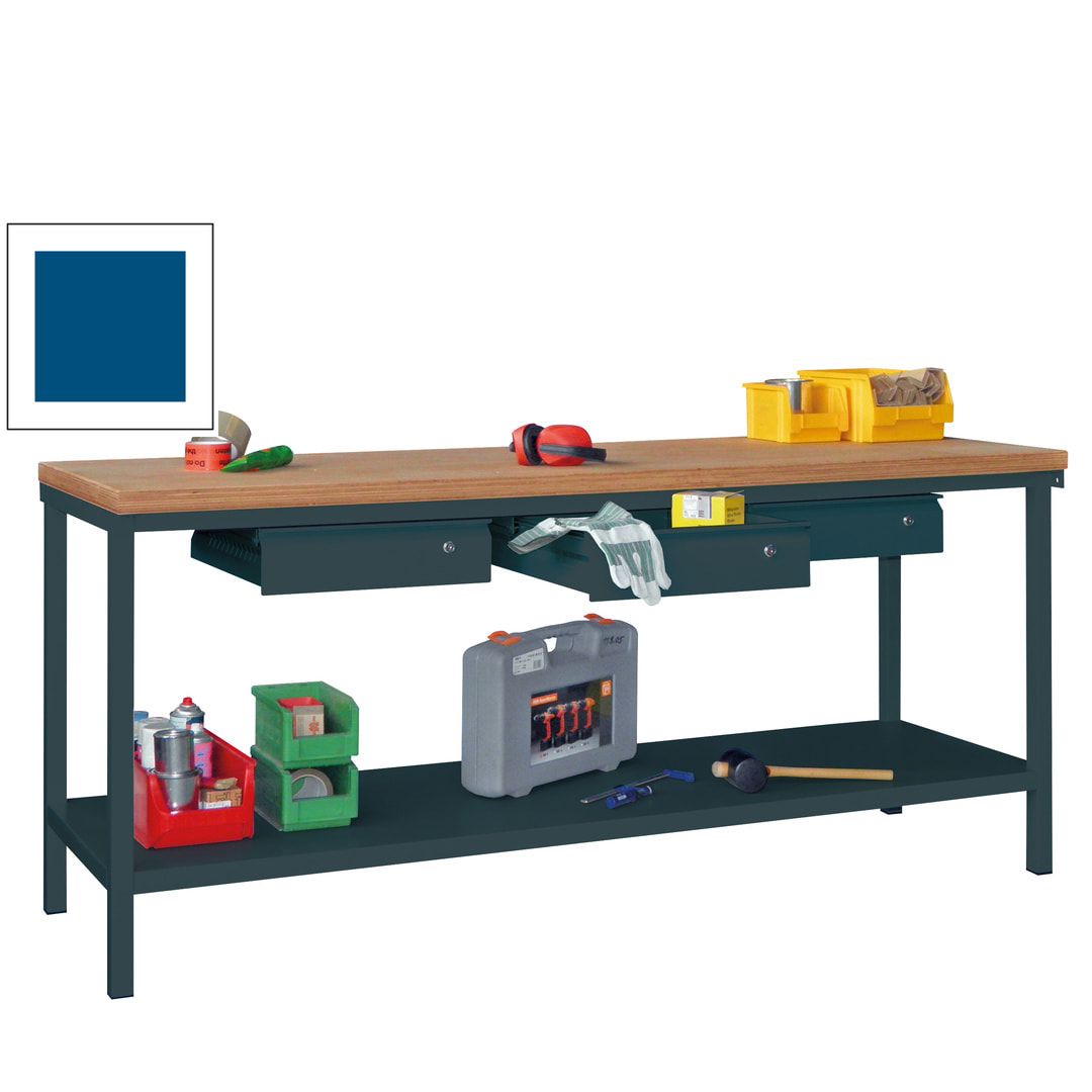 Werkbank mit Ablageboden - 3 Schubladen - 900 x 2.000 x 700 mm (HxBxT) - anthrazitgrau
