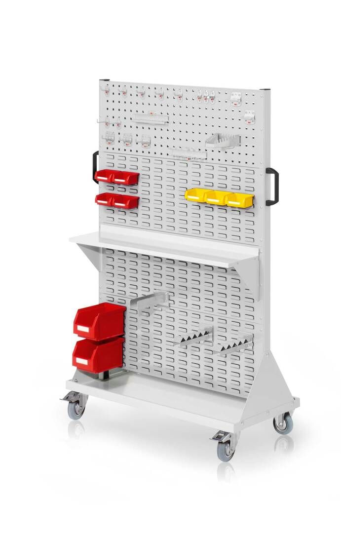Mobiler Rollwagen, 2 Loch- und 6 Schlitzplatten, 18 Halter, 9 Sichtlagerkästen, Boden, Träger, 1.580 x 1.000 x 500 mm (HxBxT), Anthrazitgrau (RAL7016)
