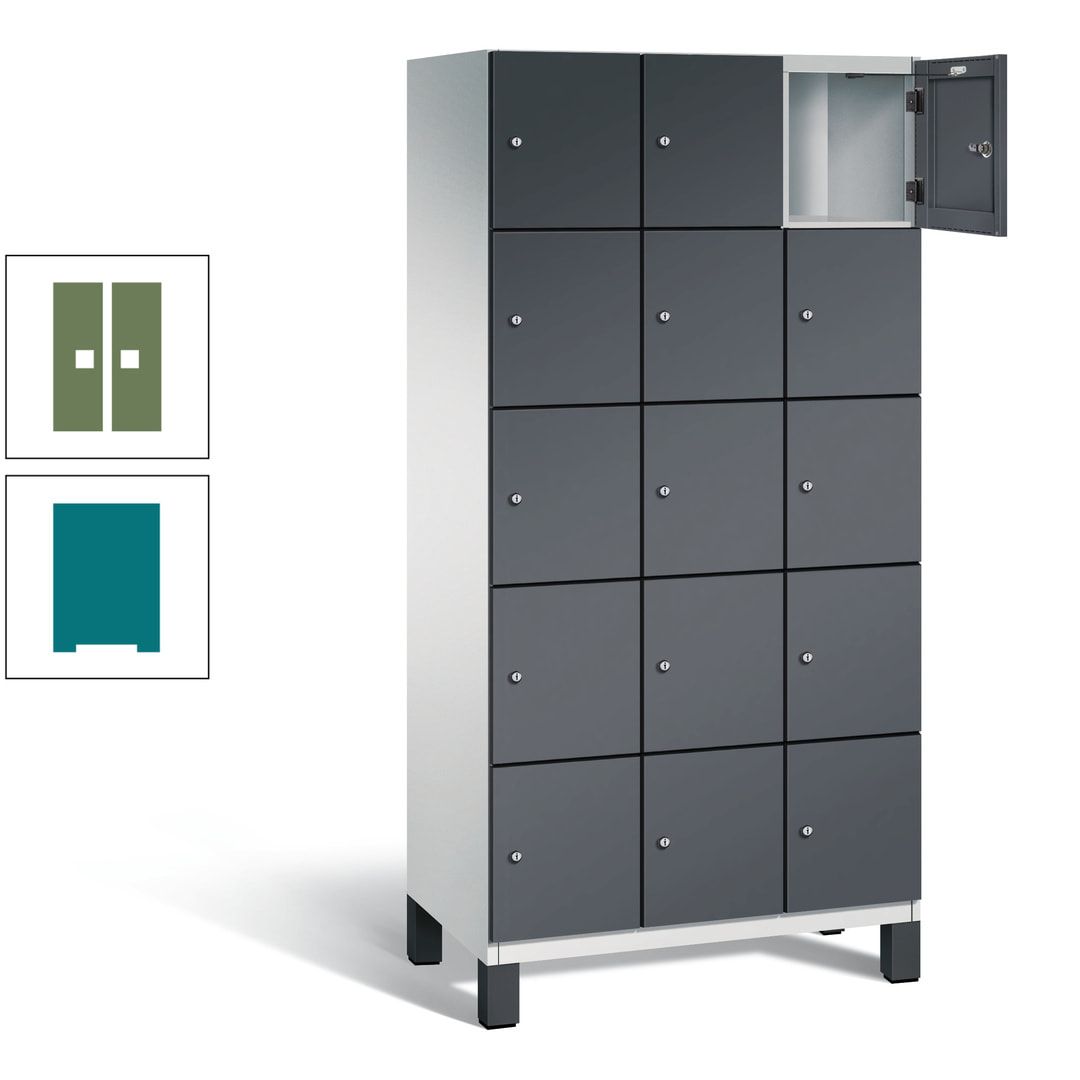 Fächerschrank, Stahlschrank, 15 Fächer, Türöffnungsbegrenzer, Füße, 1.980 x 900 x 525 mm (HxBxT), Korpus anthrazitgrau, Front anthrazitgrau