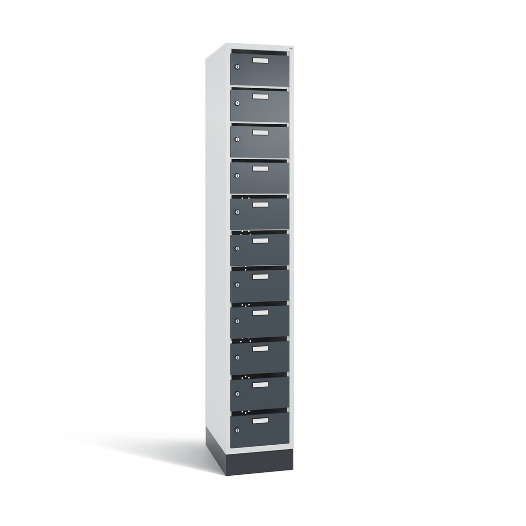 Postverteilerschrank, Schließfachschrank, mit Sockel, 11 Fächer, 1.950 x 320 x 500 mm (HxBxT), Korpus lichtgrau, Tür anthrazitgrau