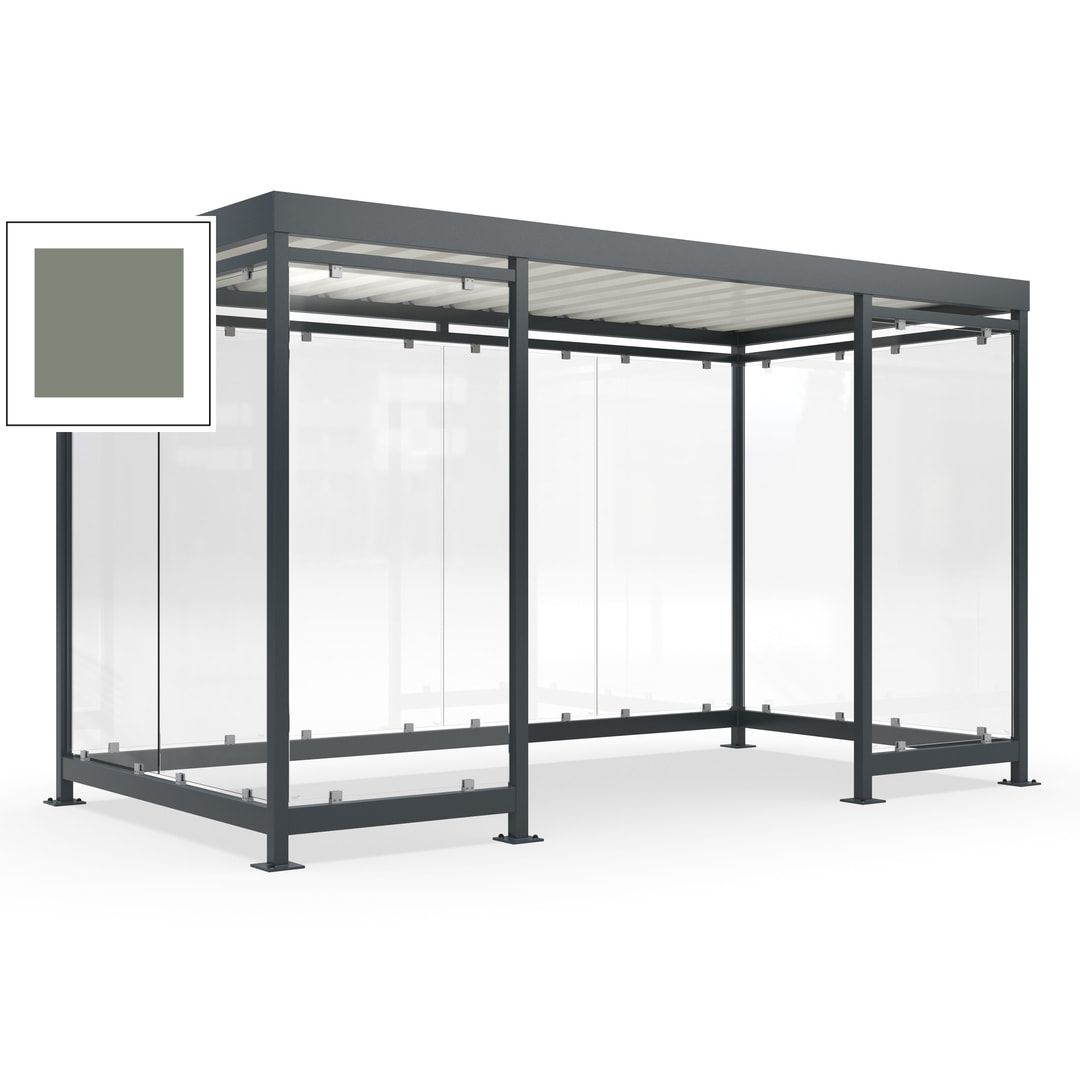 Fahrgastunterstand, Raucherunterstand, fertig montiert, Aufdübeln, 12-13 Personen, 2.510 x 4.195 x 2.165 mm (HxBxT), 10 Wände, Achatgrau