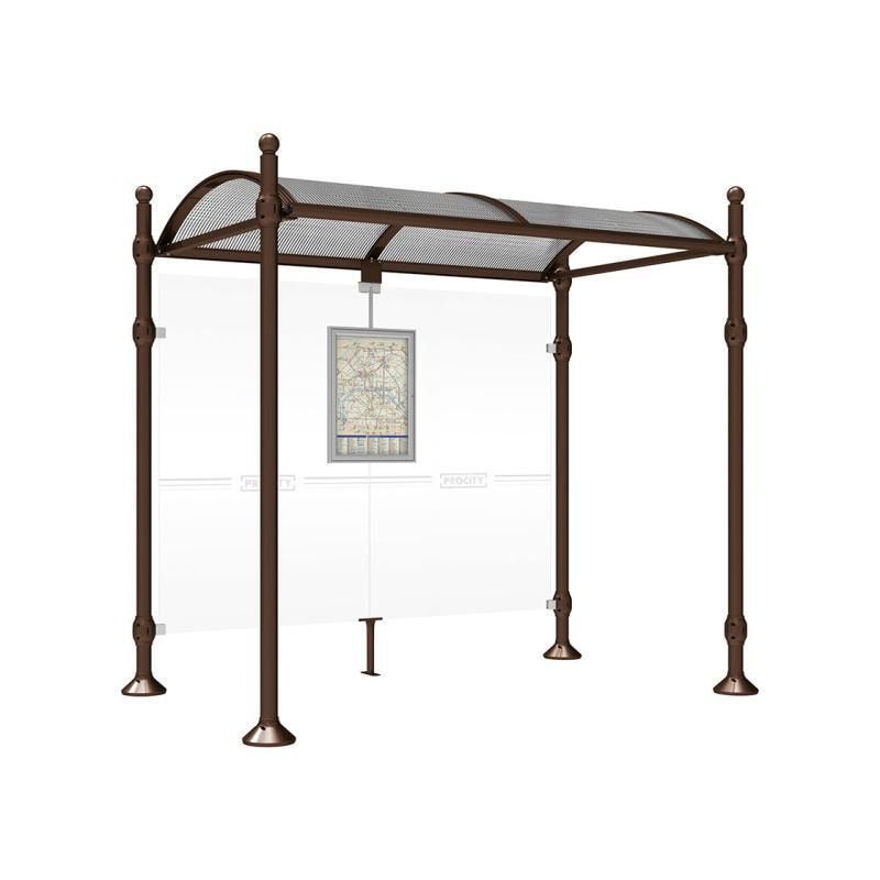 Buswartehalle, Unterstand, 2.500 x 2.500 x 1.600 mm (HxBxT), Kopfmodell Agora, ESG, Fahrplanschaukasten, Farbe enzianblau