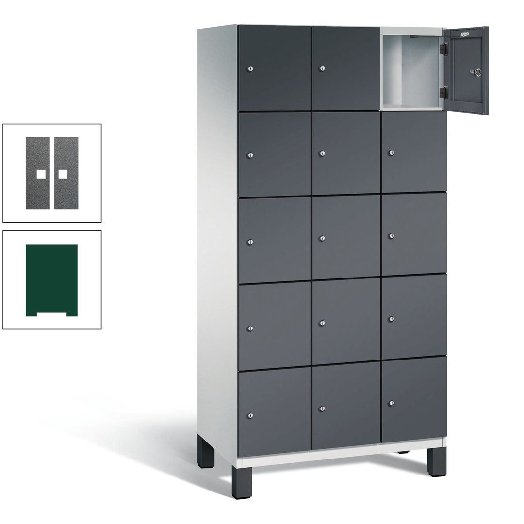 Fächerschrank, Stahlschrank, 15 Fächer, Türöffnungsbegrenzer, Füße, 1.980 x 900 x 525 mm (HxBxT), Korpus anthrazitgrau, Front anthrazitgrau