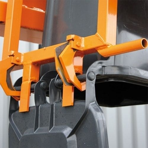 Mülltonnenkipper für Gabelstapler geeignet für 240 Liter Tonne, Selbstkipper, Seilzug, Kettensicherung, Traglast 600 kg, Farbe anthrazitgrau