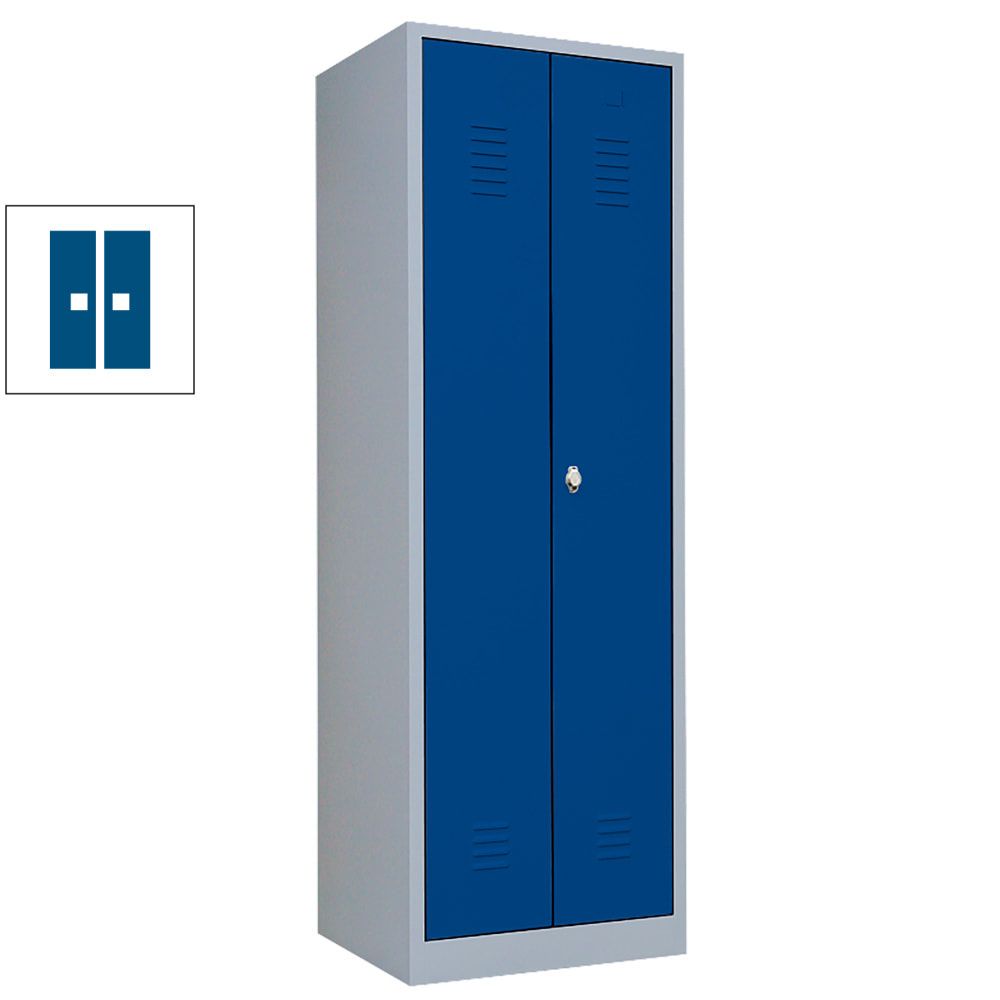 Mehrzweckschrank, Garderobenschrank, 2 Abteile, 6 Fächer, 1.800 x 600 x 500 mm (HxBxT), Kleiderstange, Stahl, Korpus: lichtgrau, Front: enzianblau