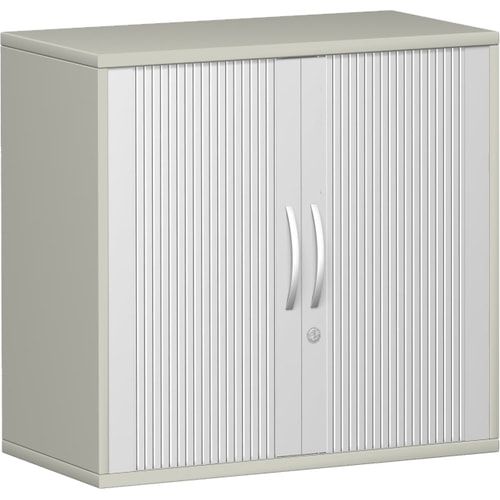 Anstell-Querrollladenschrank, Dekoreinlageboden, Stellfüße, abschließbar, 720 x 1.000 x 425 mm (HxBxT), Korpusfarbe Ahorn, Frontfarbe silber