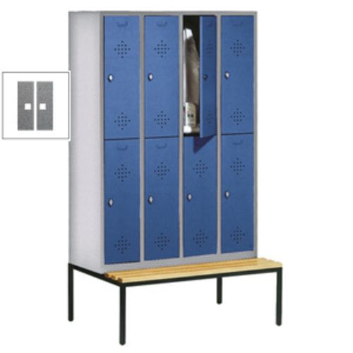 Garderobenschrank, Spind, 4 Abteile 8 Fächer, 2.090 x 1.190 x 815 mm (HxBxT), Hartholz Sitzbank untergebaut, Korpus anthrazitgrau, Türen anthrazitgrau