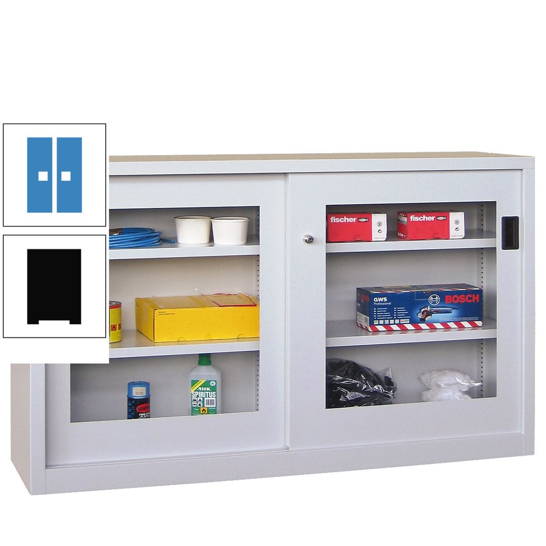 Schiebetürenschrank - Sichtfenstertüren - 1.000x1.500x600 mm (HxBxT) - 4 Böden, verzinkt - Zylinderschloss - anthrazitgrau