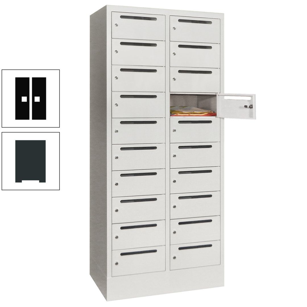 Postverteilerschrank, Schließfachschrank, 2 Abteile a 400 mm, 20 Fächer, 1.850 x 800 x 500 mm (HxBxT), Korpus anthrazitgrau, Front anthrazitgrau