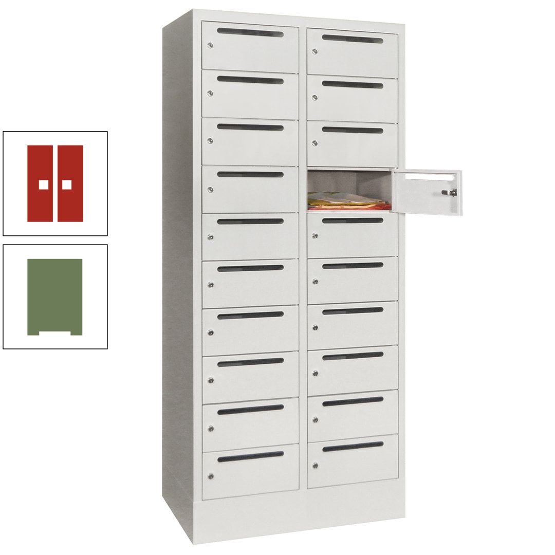 Postverteilerschrank, Schließfachschrank, 2 Abteile a 400 mm, 20 Fächer, 1.850 x 800 x 500 mm (HxBxT), Korpus anthrazitgrau, Front anthrazitgrau