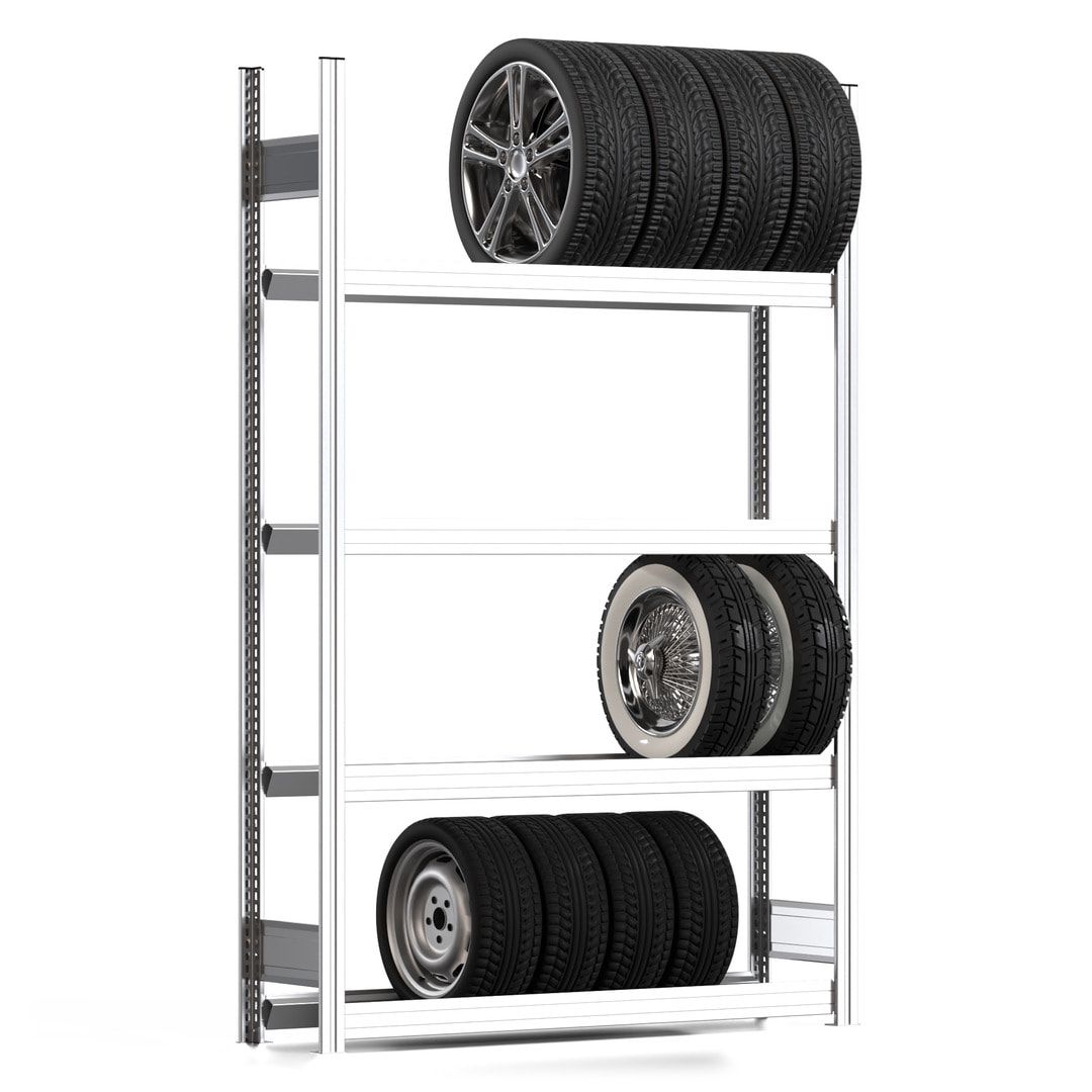 Felgenregal mit Tiefenriegel - 250 kg - 2.000 x 1.285 x 300 mm (HxBxT) - 4 Ebenen - Anbauregal - Steckregal BERT
