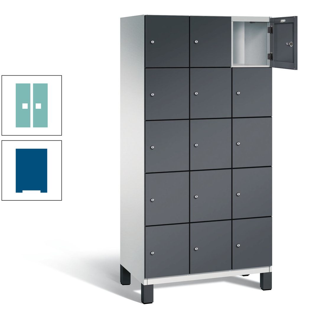 Fächerschrank, Stahlschrank, 15 Fächer, Türöffnungsbegrenzer, Füße, 1.980 x 900 x 525 mm (HxBxT), Korpus anthrazitgrau, Front anthrazitgrau