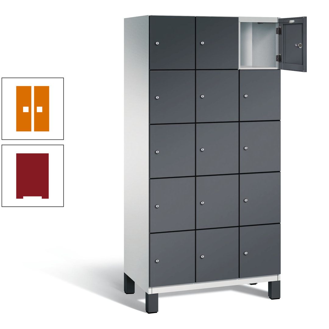 Fächerschrank, Stahlschrank, 15 Fächer, Türöffnungsbegrenzer, Füße, 1.980 x 900 x 525 mm (HxBxT), Korpus anthrazitgrau, Front anthrazitgrau